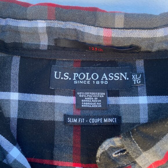 US POLO ASSN Long Sleeve Navy Flannel Men's Shirt Black Red Plaid XL Button Down - Picture 2 of 8